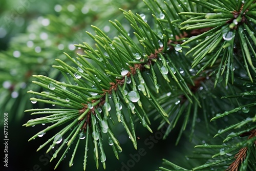 Close-up of droplets clinging to pine needles after a rainstorm
