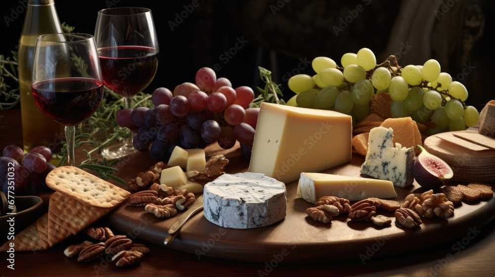  a variety of cheeses, nuts, and wine on a wooden platter with a glass of red wine.