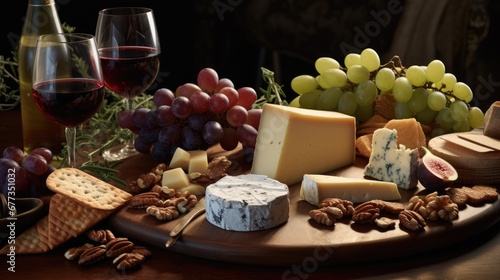  a variety of cheeses, nuts, and wine on a wooden platter with a glass of red wine.