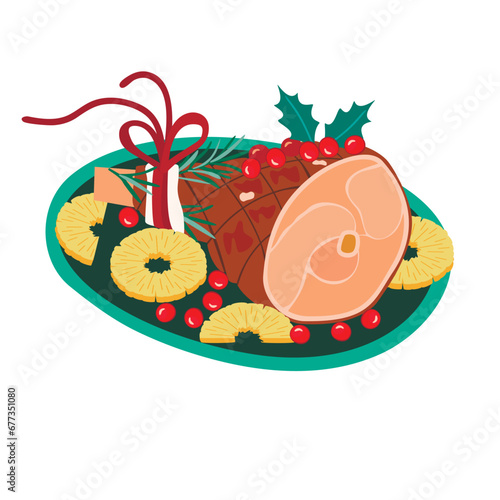 Christmas leg ham with pineapples and cranberries.Winter holiday meal on festive dish, decorated with pieces of fruit and sprigs of rosemary.Roasted pork for Xmas party.Vector illustration  on white.
