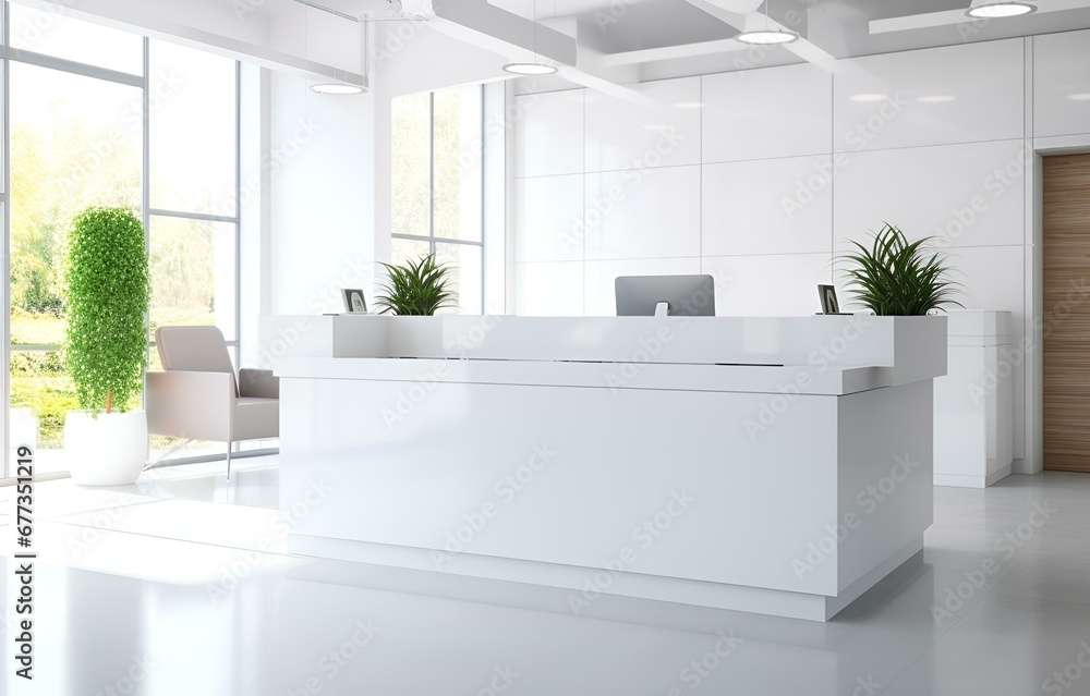white reception desk in a clinic with light colorful walls soft light for healthcare medical card design - obrazy, fototapety, plakaty 