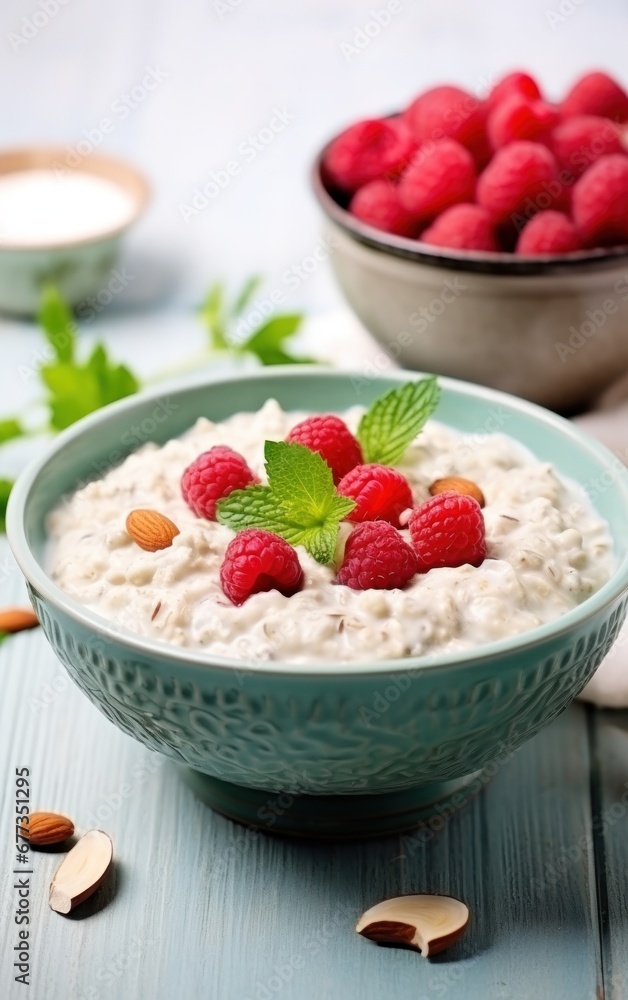 a bowl of oatmeal with nuts and raspberries a bowl of oatmeal with nuts and raspberries