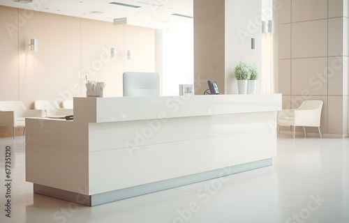 white reception desk in a clinic with light colorful walls soft light for healthcare medical card design photo