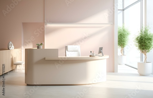 white reception desk in a clinic with light colorful walls soft light for healthcare medical card design