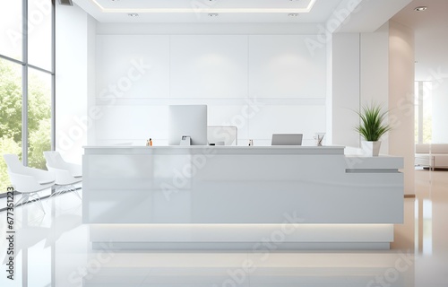 white reception desk in a clinic with light colorful walls soft light for healthcare medical card design photo