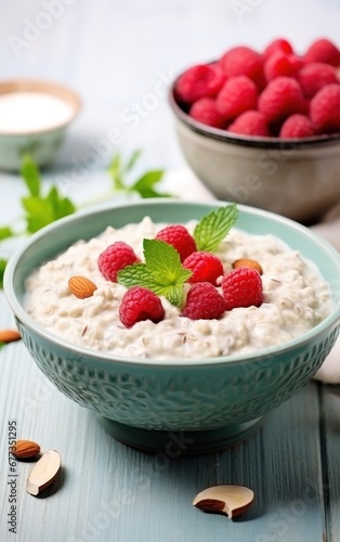 a bowl of oatmeal with nuts and raspberries