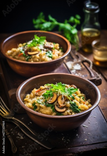 two bowls of mushroom risotto in the wooden serving table