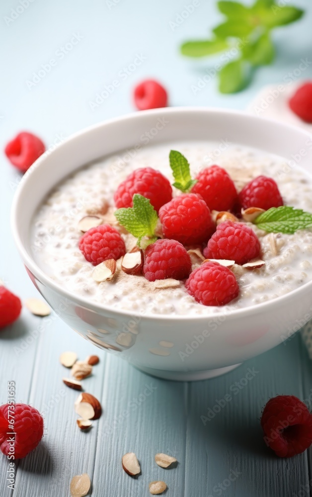 a bowl of oatmeal with nuts and raspberries a bowl of oatmeal with nuts and raspberries