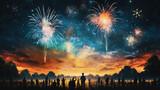Firework explosion in the night sky celebrating happy new year 2024 . National firework shooting in the beautiful sky for a new year day of year 2024 .