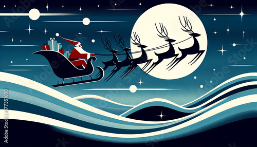 a vintage mid century modern style christmas greeting of santa claus riding his sleigh through the night sky photo