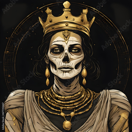 a mummy skeleton face queen of th dead with gold details