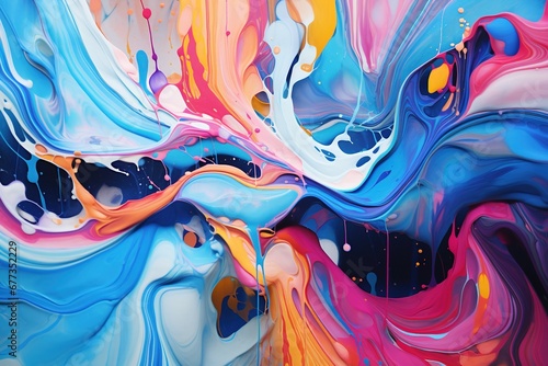 Close-up of vibrant acrylic paint flowing on canvas, creating abstract organic shapes