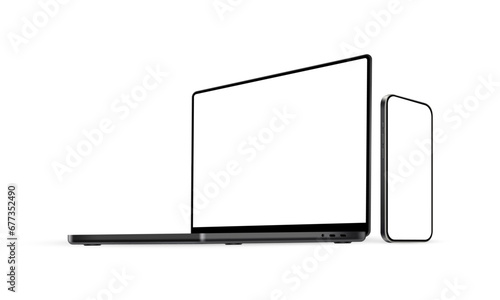 Laptop And Smartphone With Blank Screens, Side Perspective View, Isolated on White Background. Vector Illustration