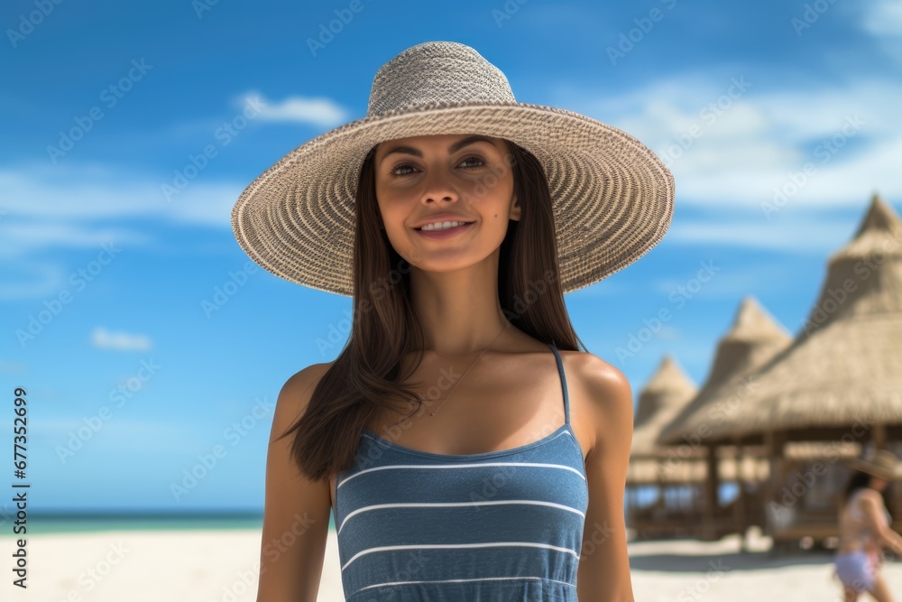 Portrait of a happy lady with beach hat at luxury resort. Summer tropical vacation concept.