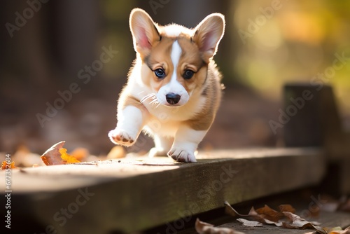 Corgi puppy attempting to climb a small step