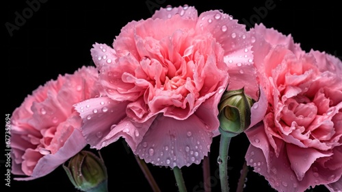 Beautiful pink carnation flowers with water drops. Tagetes erecta, Marigold. Springtime concept with a space for a text. Valentine day concept with a copy space.