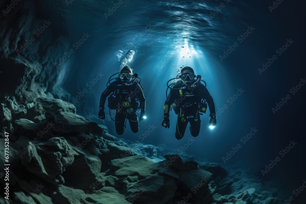 Diver explore underwater cave with gear deep in sea. Summer tropical vacation concept.