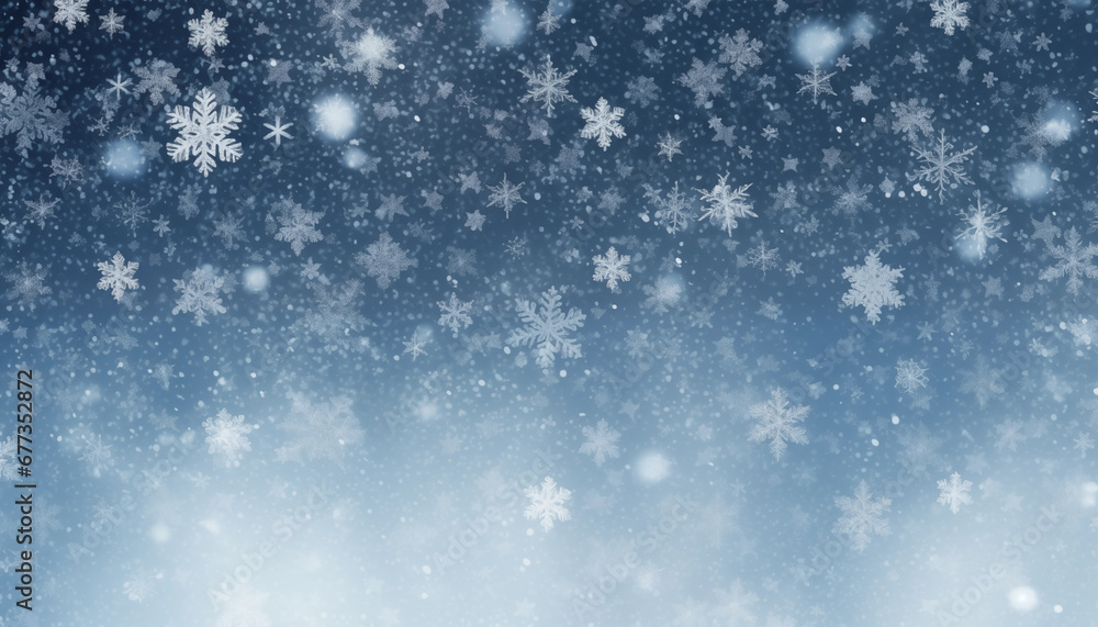 Close up of snowflakes. Minimalistic wallpaper with blue gradient and bokeh. Christmas and winter theme. 