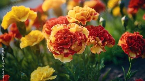 Close up of red and yellow carnation flowers in the garden. Springtime concept with a space for a text. Valentine day concept with a copy space. © John Martin