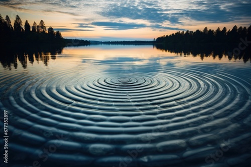 Circular ripples forming on a glassy lake after a single raindrop falls