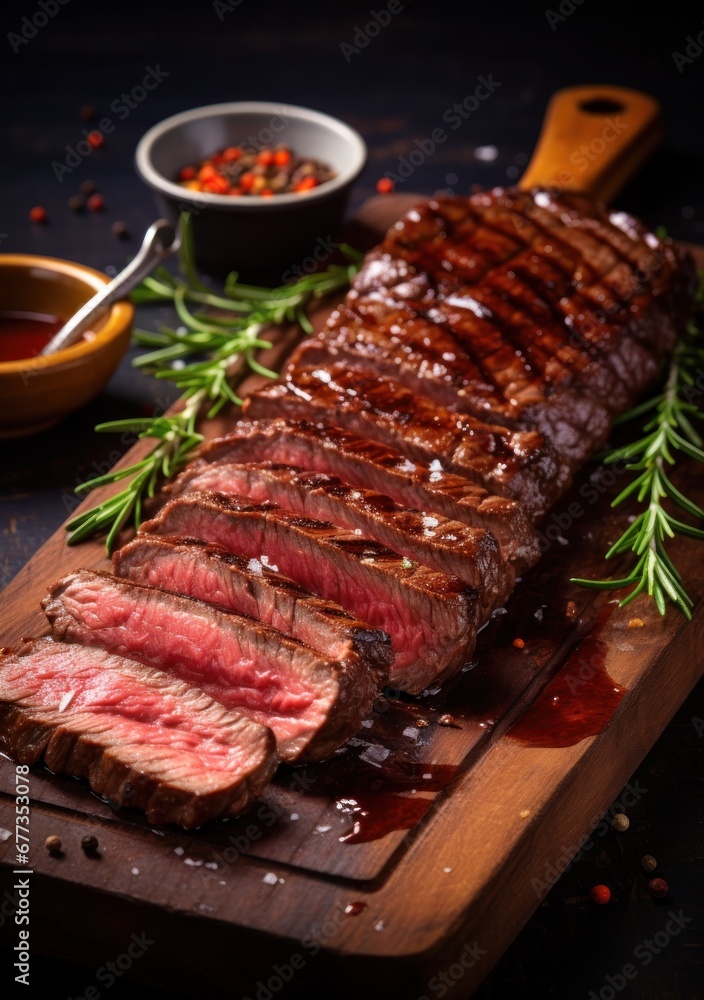 Steak cut into slices and served on kitchen Steak cut into slices and served on kitchen