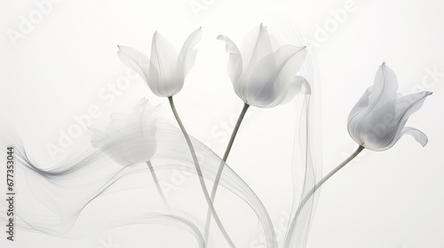 a group of three white flowers sitting on top of a white table next to a vase with flowers in it.