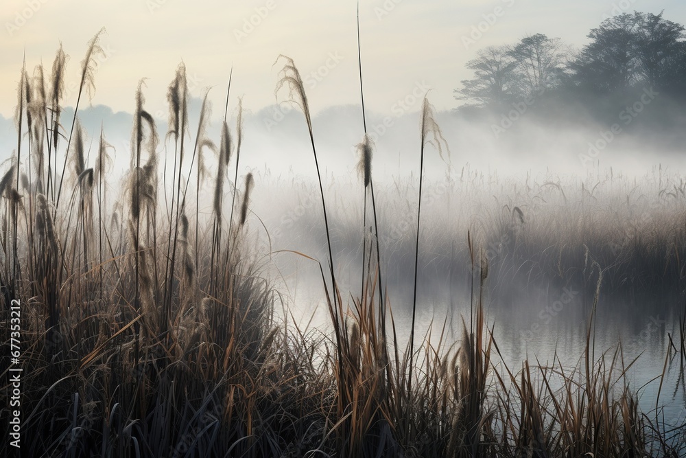 Cattails swaying at the edge of a foggy marshland Cattails swaying at the edge of a foggy marshland