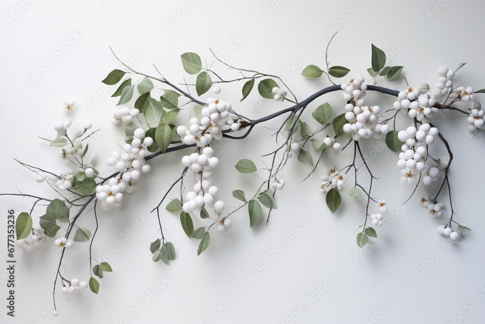Cascading snowberry branches against a stark white backdrop