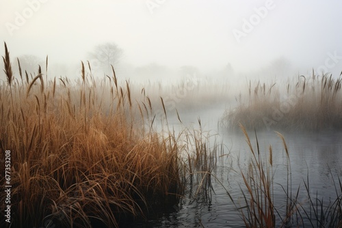 Cattails swaying at the edge of a foggy marshland photo