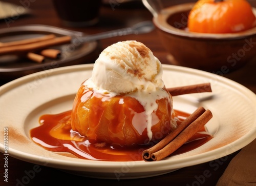 pumpkin cooked with cinnamon sauce and ice cream topped with cinnamons