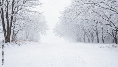 a snowy road through a forest canopy with snow covered trees