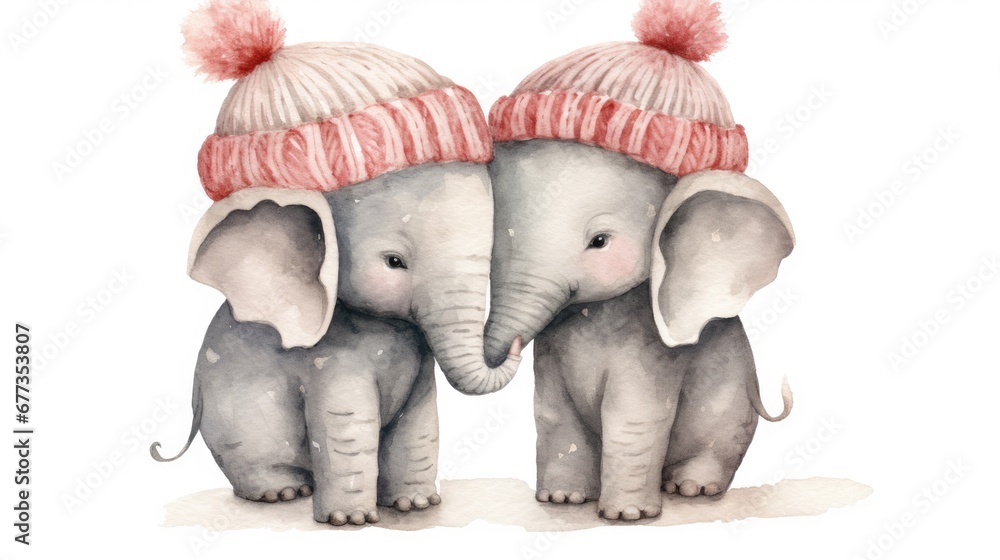  a couple of elephants standing next to each other wearing knitted hats with pom poms on top of their heads.