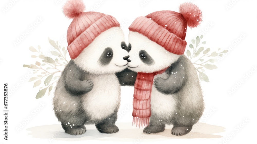 a couple of panda bears standing next to each other in front of a snow covered ground with a scarf on it's head. a couple of panda bears standing next to each other in front of a snow covered ground with a scarf on it's head.