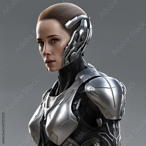 A young beautiful girl in an alien style armor