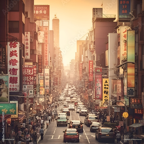 Street view in Hong Kong. Hong Kong is the most densely populated of the five boroughs of Hong Kong. photo