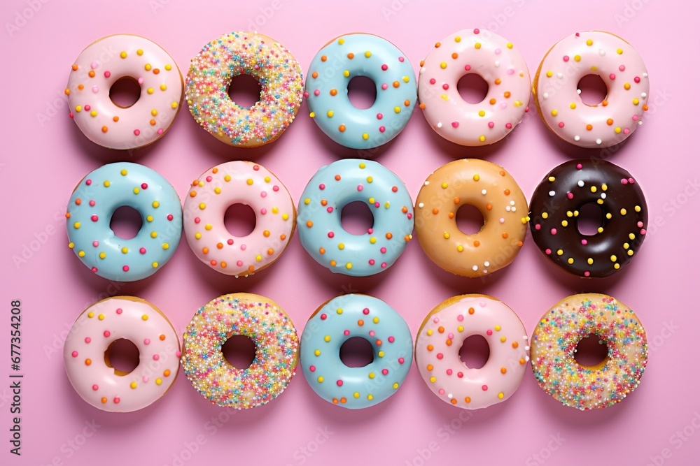 Donuts arranged in a circular pattern on a pastel backdrop