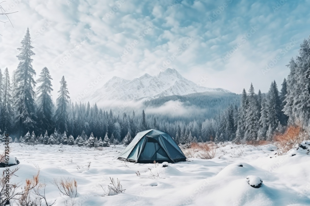 A tent in wild field in winter covered by heavy snow and ice. Winter seasonal concept.