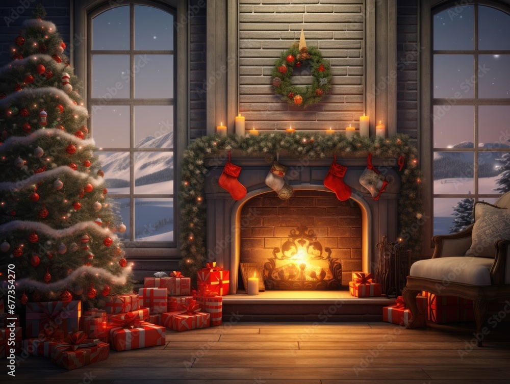 A cozy home with fireplace, Christmas tree and decorated for holiday season. Winter seasonal concept. A cozy home with fireplace, Christmas tree and decorated for holiday season. Winter seasonal concept.