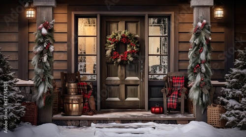  a front porch decorated for christmas with wreaths and wreaths on the front door and wreaths on the side of the front door.