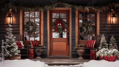  a front porch decorated for christmas with christmas wreaths and wreaths on the front door and two chairs on the side of the porch.