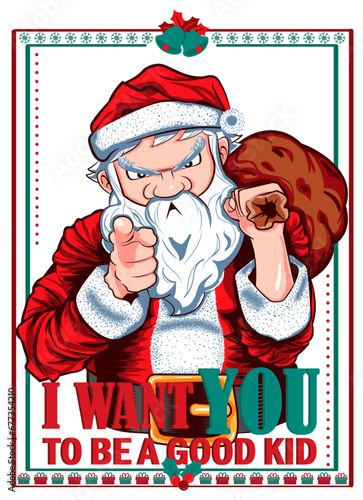 illustration of Santa Claus on a Christmas sign that says 