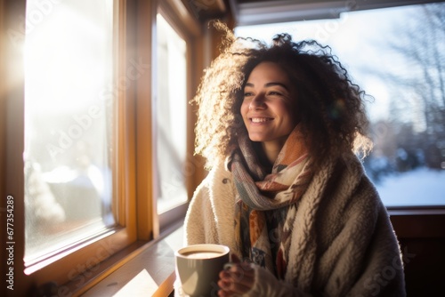 A graceful lady enjoy coffee in a coffee shop in freezing sunny winter. Winter seasonal concept.