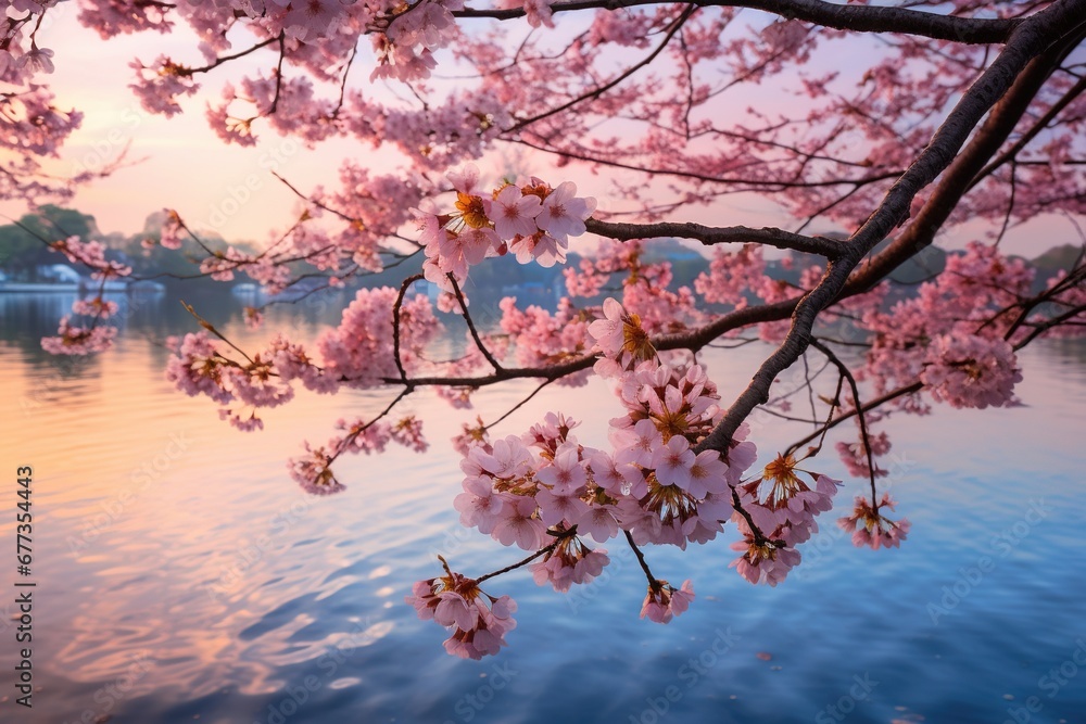 Fototapeta premium Delicate cherry blossoms framing a tranquil scene