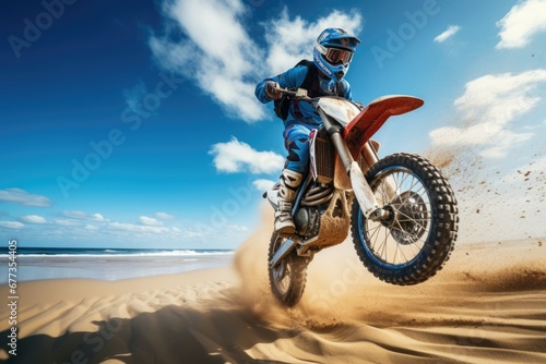 Close-up view of beach motorcycle with sand flying in air. Dynamics. Beach sports. Summer tropical vacation concept.