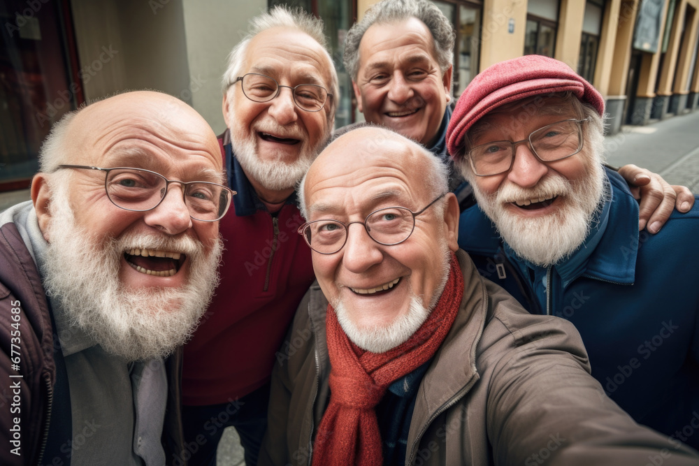 Five older men capturing a joyful moment with a selfie. Generative AI. Five older men capturing a joyful moment with a selfie. Generative AI.