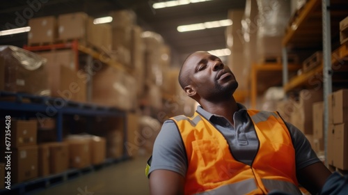 A tired man in an orange vest working in a warehouse. Generative AI.