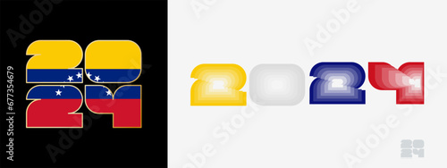 Year 2024 with flag of Venezuela and in color palate of Venezuela flag. Happy New Year 2024 in two different style.