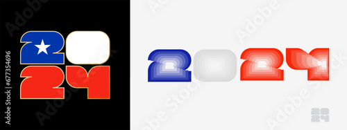 Year 2024 with flag of Chile and in color palate of Chile flag. Happy New Year 2024 in two different style.