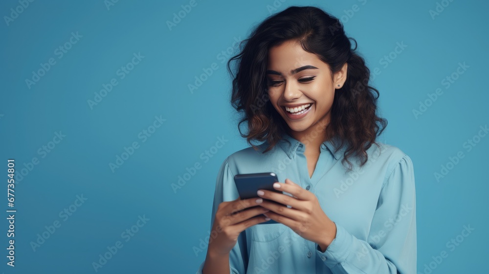 Radiant woman with dark skin in a blue shirt, beaming at her phone against a vivid blue backdrop, exuding joy Radiant woman with dark skin in a blue shirt, beaming at her phone against a vivid blue backdrop, exuding joy