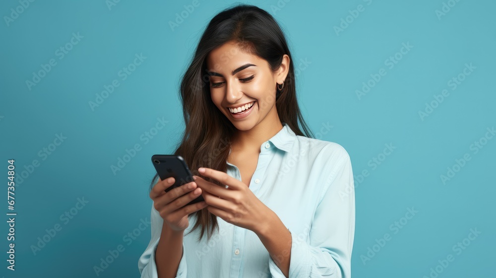 Radiant woman with dark skin in a blue shirt, beaming at her phone against a vivid blue backdrop, exuding joy Radiant woman with dark skin in a blue shirt, beaming at her phone against a vivid blue backdrop, exuding joy